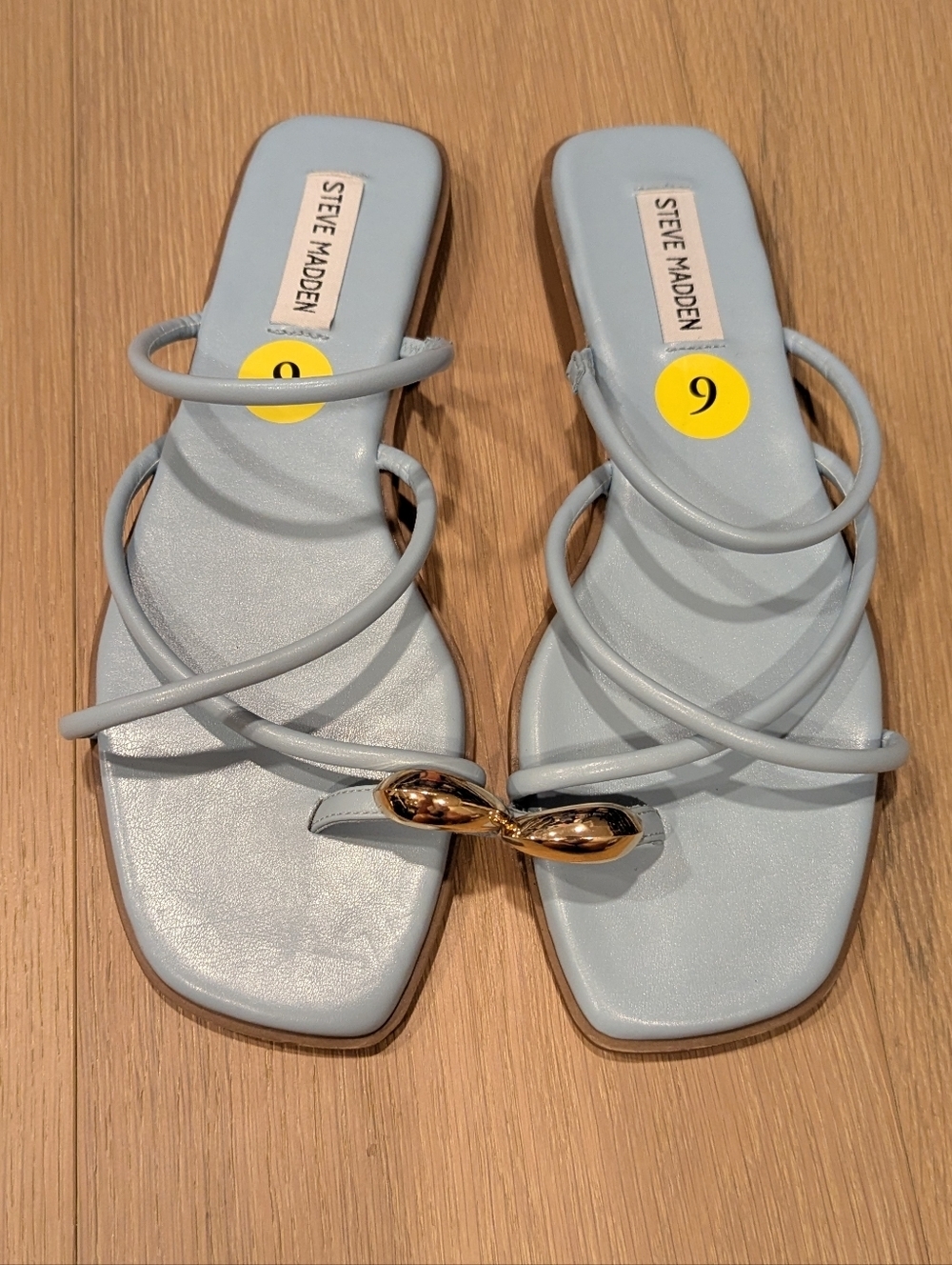 Steve Madden Light Blue Strappy Slide Sandals with Gold Accent